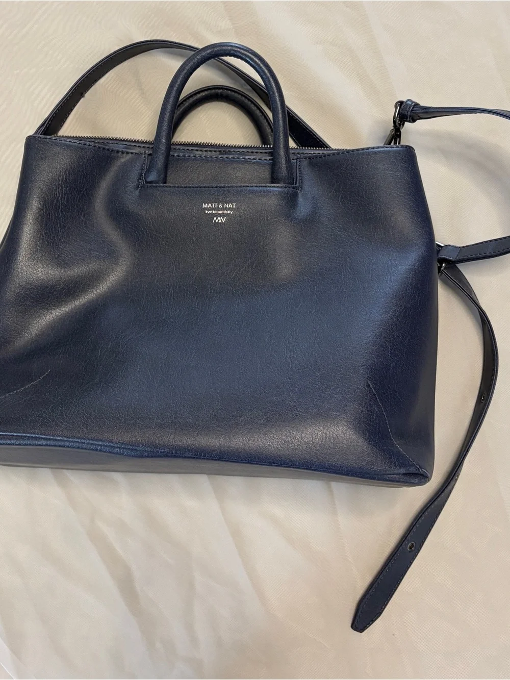 Matt & Nat Vegan Leather Navy Work Tote Shoulder Bag Adjustable Strap